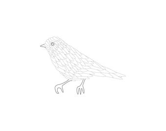 May include: A black and white line drawing of a bird in profile, featuring a detailed pattern of overlapping feathers covering its body, a small pointed beak, a circular eye, and two thin legs with clawed feet positioned as if walking.
