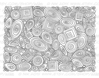 May include: A black and white coloring page featuring a dense pattern of concentric circles, ovals, and squares. The design is filled with repeating geometric shapes of varying sizes, creating a complex, abstract, and linear composition.