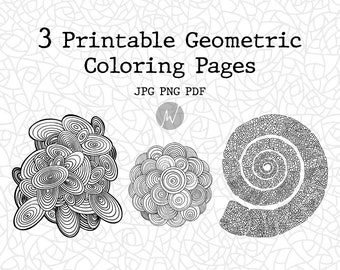 3 páginas para colorear para adultos, dibujadas a mano e imprimibles, descarga digital instantánea en formato JPG, con motivos de espirales, óvalos y círculos.