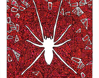May include: A rectangular illustration featuring a white silhouette of a spider centered against a complex background of red, pink, and white geometric shapes. The intricate pattern consists of various triangles and polygons outlined in black.