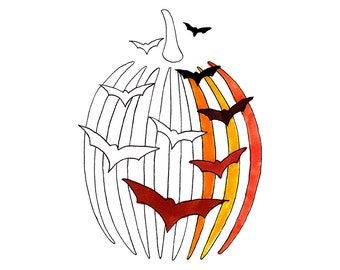 May include: A line art illustration of a pumpkin featuring vertical segments. The left side is outlined in black, while the right side features orange and yellow watercolor-style stripes. Several black and white bat silhouettes are flying across.