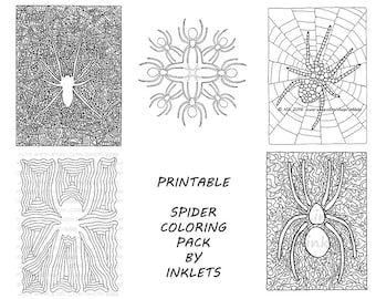 May include: A printable spider coloring pack by Inklets featuring five black and white line art designs. The images include various spider illustrations set against intricate geometric, web, and abstract patterns, with the text PRINTABLE SPIDER COLORING PACK BY INKLETS centered in the middle.