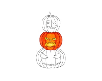 May include: A vertical stack of three carved pumpkins. The top and bottom pumpkins are white with black line art details. The middle pumpkin is orange with a glowing yellow interior, featuring a carved face with sharp teeth and narrow eyes.