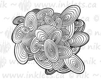 May include: A black and white line art illustration featuring a dense cluster of overlapping oval shapes. Each oval contains a series of concentric circles or rings, creating a repetitive, layered pattern across the entire graphic composition.