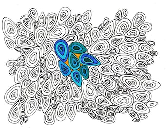 May include: A hand-drawn illustration featuring a dense cluster of black and white teardrop shapes. In the center, a small group of these teardrops is filled with vibrant shades of blue, teal, and green, set against a bright orange background.