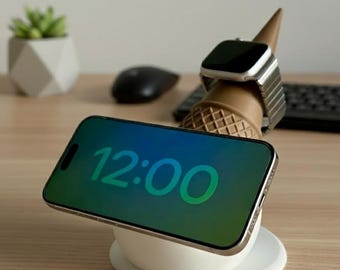 Whimsical Ice Cream Cone Smartwatch Charging Dock | Unique Dessert-Inspired Desktop Stand | Fun Nightstand Tech Accessory