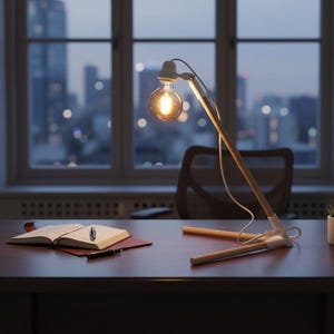 May include: A contemporary desk lamp with a wooden frame and a spherical, exposed light bulb. The lamp sits on a dark wood desk, alongside a notebook and pen. A city skyline is visible through a window in the background.