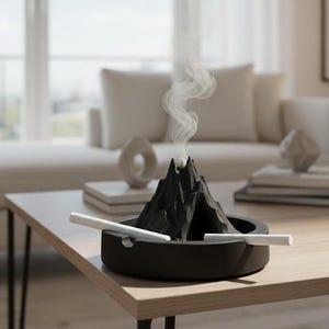 Pode incluir: Um cinzeiro preto com uma peça central em forma de vulcão que emite fumo branco. Dois cigarros repousam na borda do cinzeiro. O cinzeiro está sobre uma mesa de centro de madeira clara com pernas pretas.