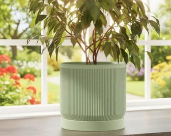 Custom Modern Ribbed Ceramic Planter with Drip Tray | Minimalist Indoor Plant Pot | Housewarming Gift