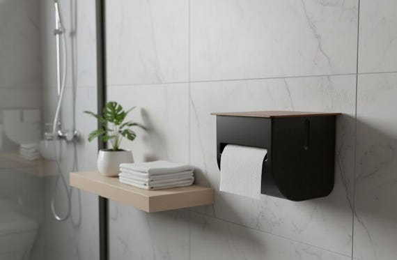 Minimalist Wall Mount Toilet Paper Holder, Wood Lid, Pet Proof