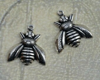 2 Medium Silver Bee Charms 1239