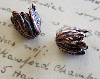 2 Small Antique Copper Tulip Bead Caps 1698CS