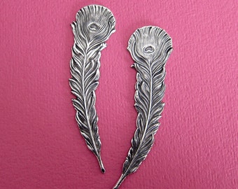 2 Silver Peacock Feather Findings 3435