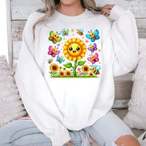 Lindo paquete de imágenes prediseñadas de girasoles, abejas y mariposas sonrientes, conjunto de imágenes PNG de dibujos animados caprichosos para manualidades, pegatinas y decoración