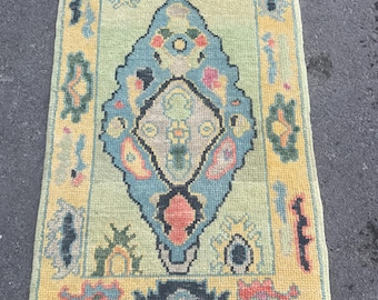 Handmade Wool Oushak Rug: Green & Blue Turkish Small Rug (2.3 x 3.9 ft)