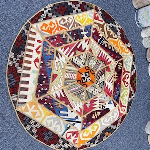 Vibrant Handmade Rainbow Rug,Unique Circle Home Decor, Rug 4x4, Floor rug, Area rug, Cheerful Anatolian 4x4 Rug, Colorful Bedroom Accent