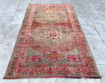 Handmade Wool Oushak Rug: 4x6 Red Turkish Vintage Rug