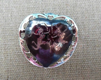 NIELLOWARE Sterling Silver Carved Heart Brooch - Vintage