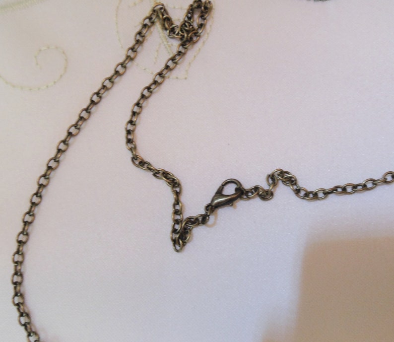 May include: A close-up of a bronze chain necklace with a lobster clasp.
