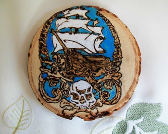 Handmade Pirate Ship Wood Coaster - OOAK