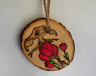 Baby Dragon and Tulips Wood Ornament - Handmade