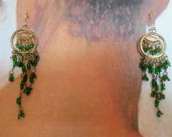 Vintage Bronze Tone with Green Glass Beads Earrings