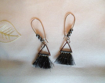 Gray Fringe Dangle Earrings with Faux Pearls