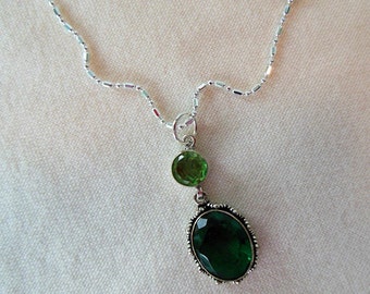 Sterling Silver Peridot and Crystal Pendant Necklace