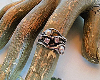 Silver Ring with Pearls and Clear Crystals