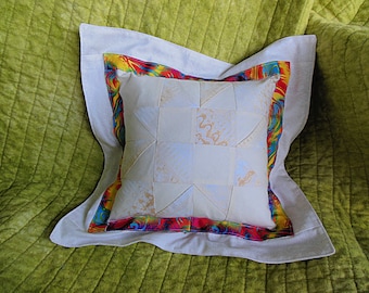 Small Quilt Scrap Pillow with Ribbon Trim