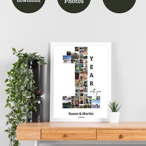 Puede incluir: Un collage de fotos enmarcado con la forma del número uno, lleno de 41 fotos. El texto "YEAR with you" está escrito verticalmente. Los nombres "Susan & Martin" y la fecha están en la parte inferior. Las palabras "Descarga instantánea" y "Editable" están en círculos.