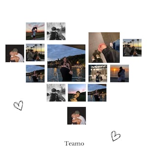 Puede incluir: Un collage de fotos de una pareja en varios lugares, incluyendo un barco, una playa y una ciudad. Las fotos están dispuestas en forma de corazón y la palabra "Teamo" está escrita debajo del collage.