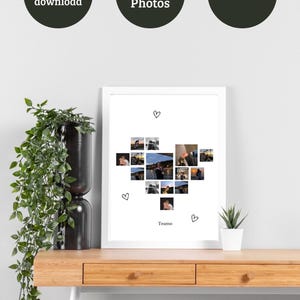 Puede incluir: Un collage de fotos enmarcado en blanco con 14 fotos en forma de corazón. Los textos "Descarga instantánea", "14 Fotos" y "Editable" están en círculos verde oscuro. La palabra "Teamo" está en la parte inferior.
