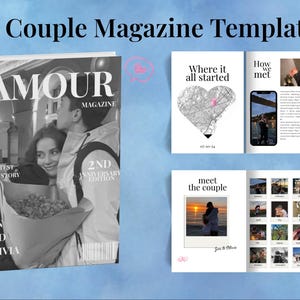 以下が含まれることがあります： 「Couple Magazine Template」というタイトルの雑誌テンプレート。カップルをフィーチャーした白黒の表紙。内部には、地図、写真、テキストが表示されたページがあります。 Canvaのロゴは左上隅にあります。