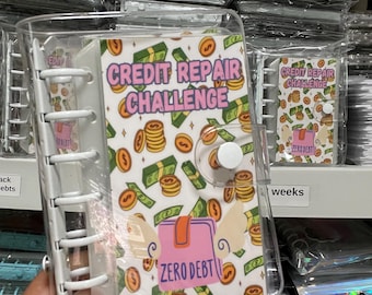 May include: A clear plastic binder with a white spiral binding. The cover features a design of money and the text "Credit Repair Challenge" and "Zero Debt".