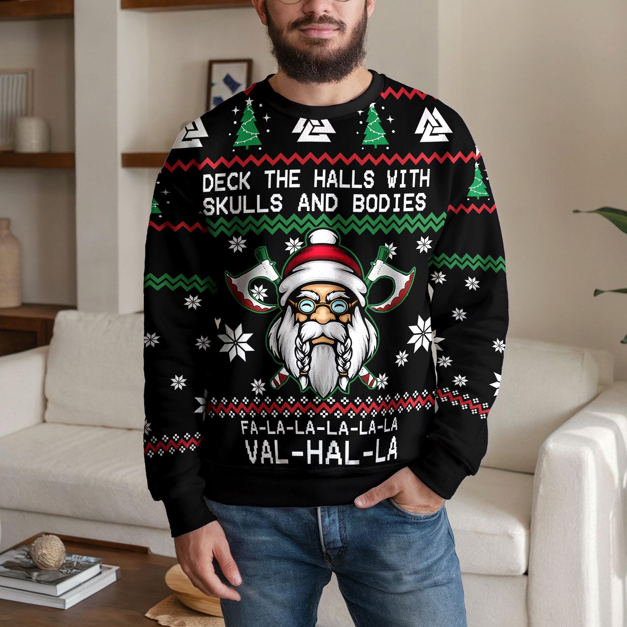 Discover Funny Viking Christmas Sweater for Men Women, Deck the Halls With Skull And Body Valhalla Ugly Xmas Sweatshirt