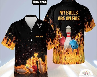 Individuelles Bowling Hawaii-Hemd, My Balls Are On Fire lustiges Flammen-Design für Männer, Bowling Team Geschenk