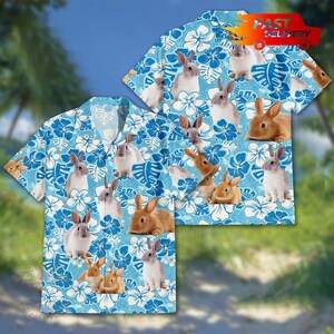 Rabbit Hawaiian Shirt for Men Women, Cute Bunny Lover Button Down Men Hawaiian Shirt Short Sleeve for Animal Fans and Easter Gifting