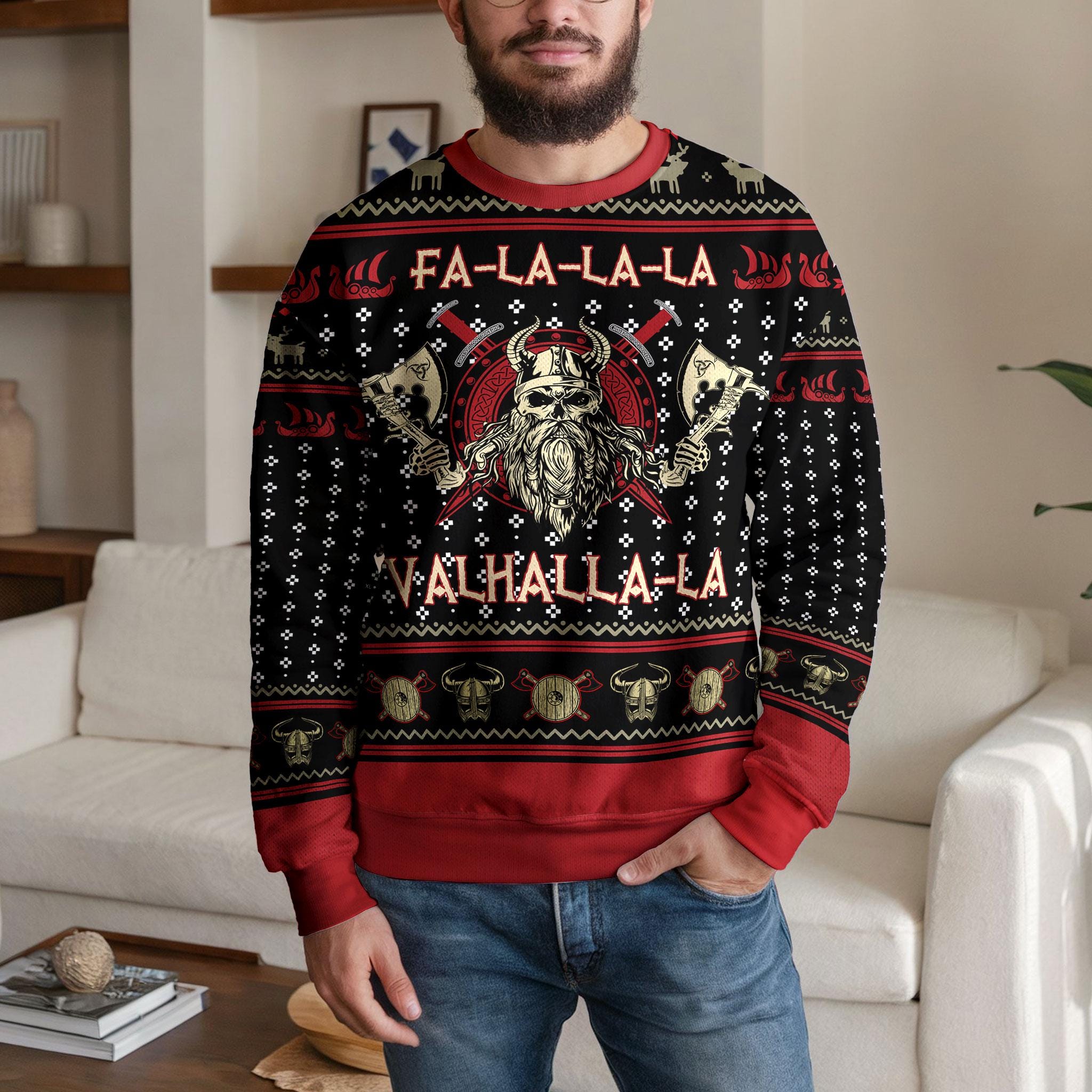 Discover Funny Viking Valhallala Ugly Christmas Sweater: Reindeer Norse Holiday