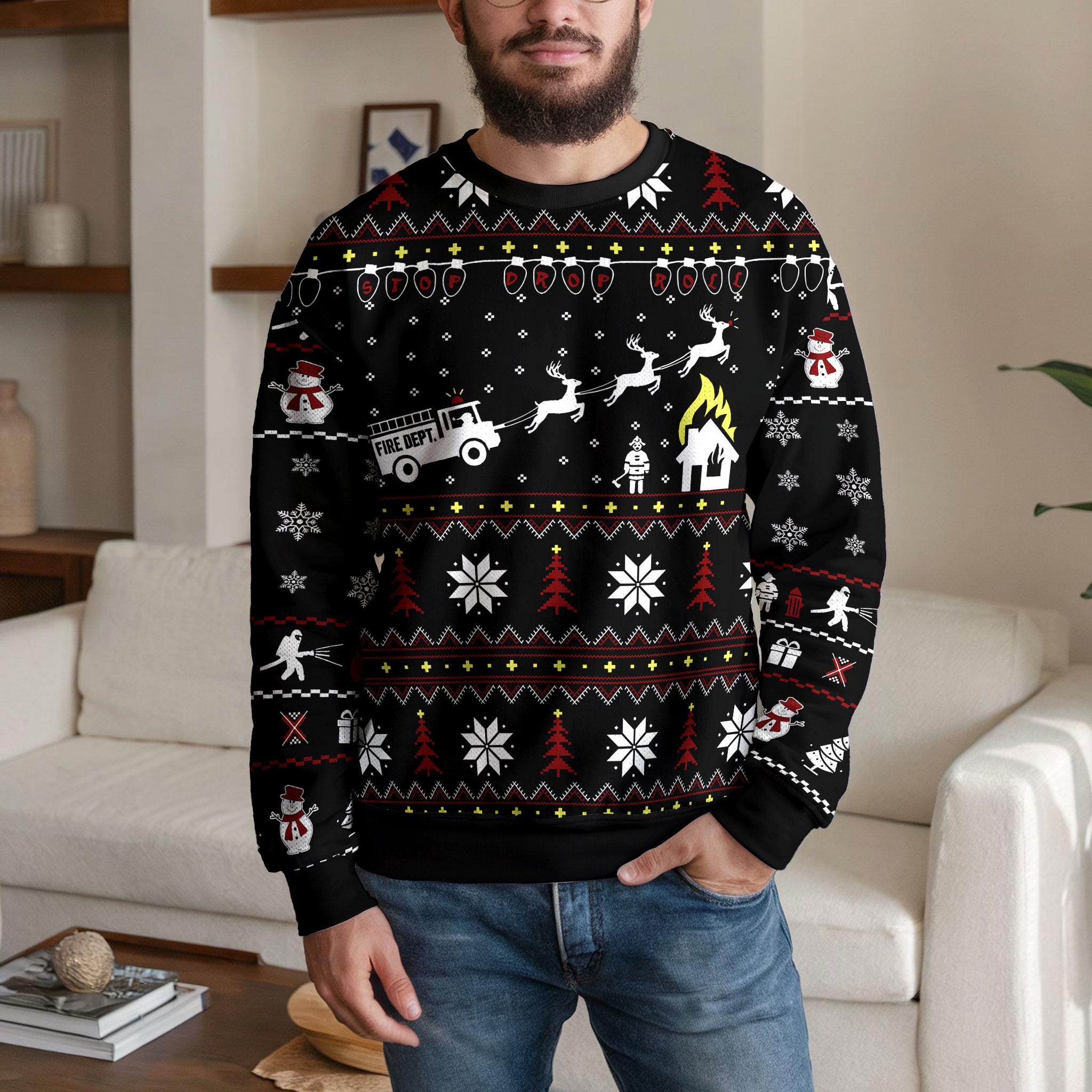 Discover Firefighter Drop Roof Roll Christmas Ugly Sweater, Funny Fire Dept Ugly Xmas Pullover