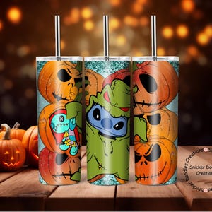 Halloween, Fall, Blue Alien, Stitch like Character, 20 oz. Tumbler wrap, Sublimation, Digital Download File, background, waterslide image