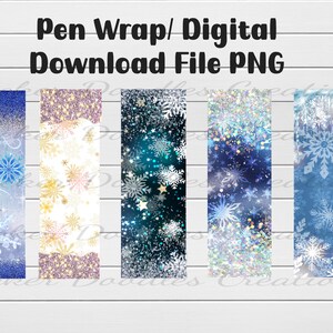 May include: Five digital pen wrap designs featuring a winter theme with snowflakes, glitter, and blue and white colors. The designs are labeled "Pen Wrap/Digital Download File PNG".