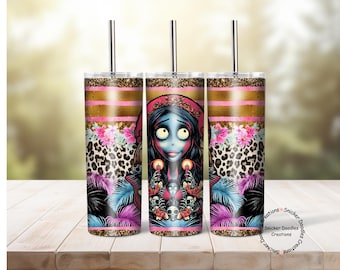 May include: A set of three stainless steel tumblers with straws. Each tumbler features a unique design: a character illustration, leopard print, pink stripes, and floral accents. The tumblers are decorated with a spooky theme.