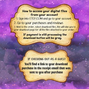 Op de afbeelding: Een instructiehandleiding voor het downloaden van digitale bestanden met een paarse en blauwe sterrenhemel als achtergrond. De handleiding legt uit hoe je toegang krijgt tot digitale bestanden vanaf je Etsy-account en hoe je toegang krijgt tot bestanden als je als gast hebt afgerekend.