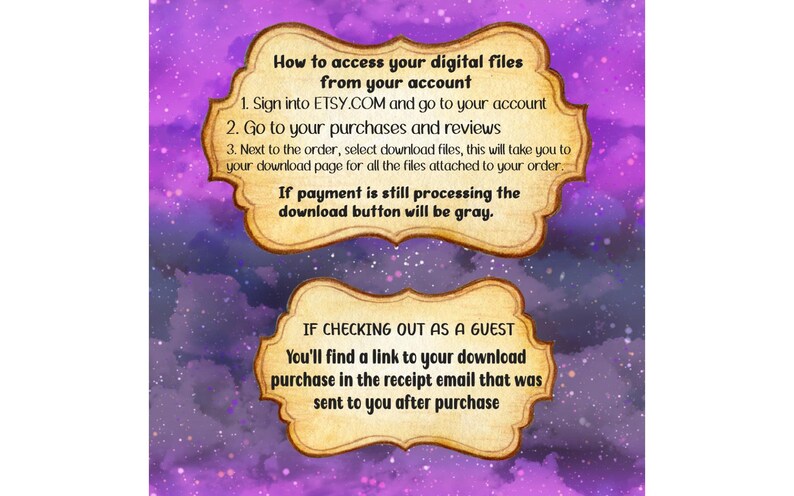Op de afbeelding: Een instructiehandleiding voor het downloaden van digitale bestanden met een paarse en blauwe sterrenhemel als achtergrond. De handleiding legt uit hoe je toegang krijgt tot digitale bestanden vanaf je Etsy-account en hoe je toegang krijgt tot bestanden als je als gast hebt afgerekend.