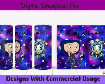 Coraline-bekerverpakking: sublimatieontwerp met spookachtige knop voor meisjes (digitale download)