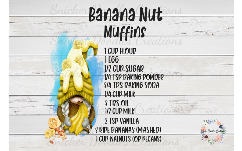 K&ouml;nnte beinhalten: Eine skurrile Illustration eines Zwergs, der eine Banane h&auml;lt, mit einem Rezept f&uuml;r Bananen-Nuss-Muffins. Das Rezept beinhaltet 1 Tasse Mehl, 1 Ei, 1/2 Tasse Zucker, 1/4 Teel&ouml;ffel Backpulver, 3/4 Essl&ouml;ffel Natron, 1/4 Tasse Milch, 3 Essl&ouml;ffel &Ouml;l, 1/2 Tasse Milch, 2 Teel&ouml;ffel Vanille, 3 reife Bananen (zerdr&uuml;ckt) und 1 Tasse Waln&uuml;sse (oder Pekann&uuml;sse).
