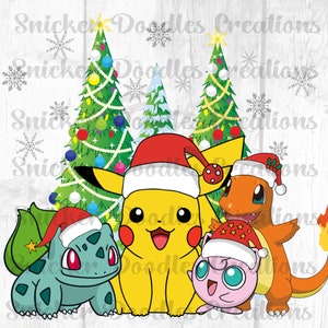 May include: Four Pokemon characters wearing Santa hats in front of two Christmas trees. Pikachu is yellow, Bulbasaur is green, Charmander is orange, and Jigglypuff is pink.