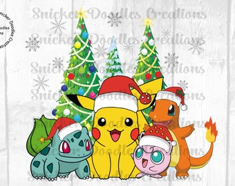 May include: Four Pokemon characters wearing Santa hats in front of two Christmas trees. Pikachu, Bulbasaur, Charmander, and Jigglypuff are all smiling.