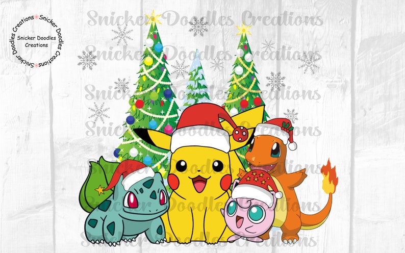 May include: Four Pokemon characters wearing Santa hats in front of two Christmas trees. Pikachu is yellow, Bulbasaur is green, Charmander is orange, and Jigglypuff is pink.